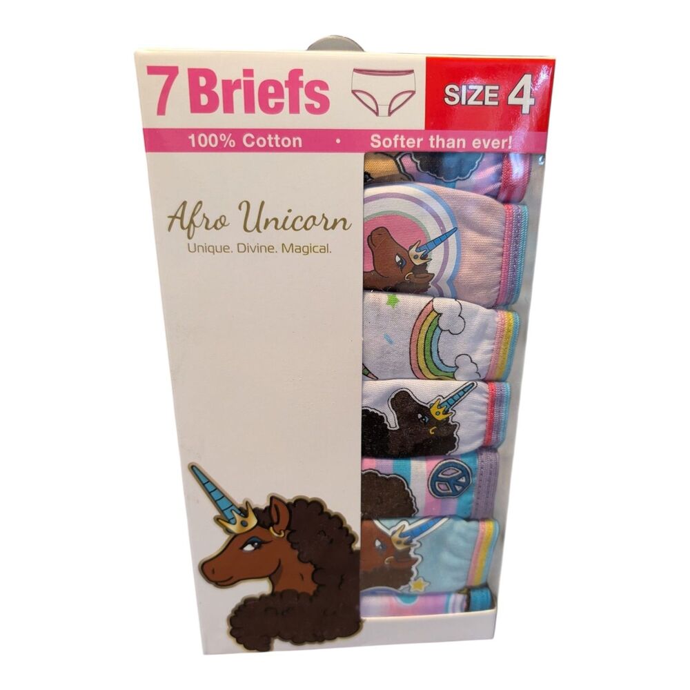 Afro Unicorn Girls 100% Cotton Underwear Briefs Size 4 NEW 7 Pack Unicorn 🦄🦄🦄